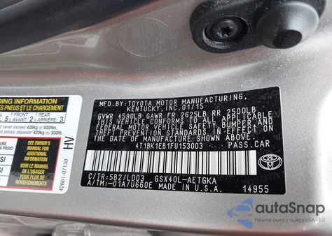 2015 Toyota Avalon Xle z USA, uszkodzony, nr VIN 4T1BK1EB1FU153003